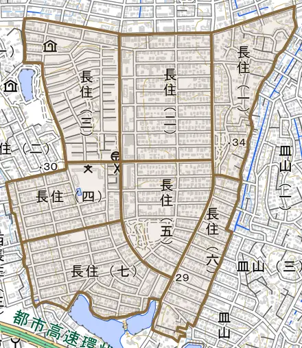 長住とその周辺の地図。町の範囲を重ねている