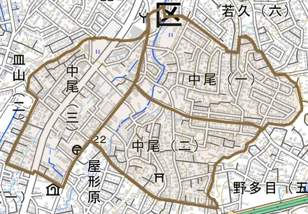 中尾とその周辺の地図。町の範囲を重ねている