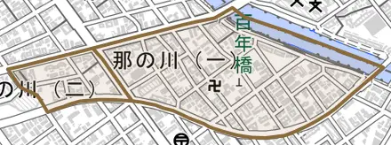 那の川とその周辺の地図。町の範囲を重ねている