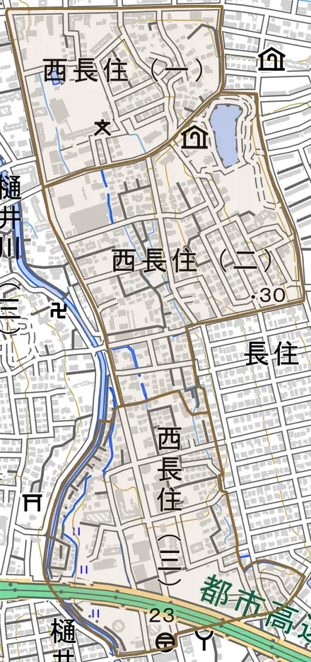 西長住とその周辺の地図。町の範囲を重ねている