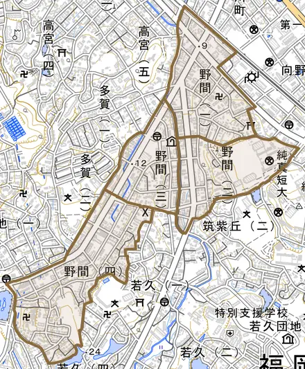 野間とその周辺の地図。町の範囲を重ねている