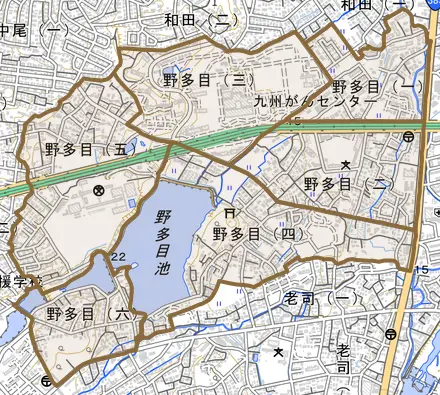 野多目とその周辺の地図。町の範囲を重ねている