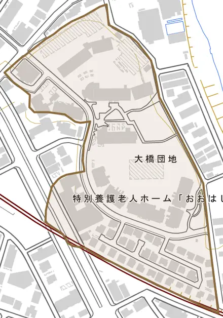 大橋団地とその周辺の地図。町の範囲を重ねている
