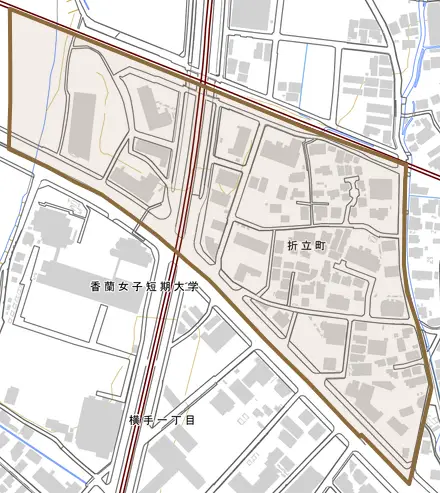 折立町とその周辺の地図。町の範囲を重ねている