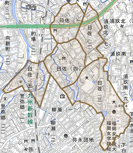 曰佐とその周辺の地図。町の範囲を重ねている