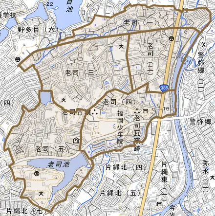 老司とその周辺の地図。町の範囲を重ねている