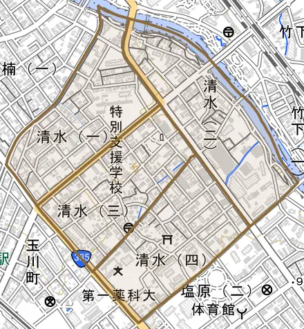 清水とその周辺の地図。町の範囲を重ねている