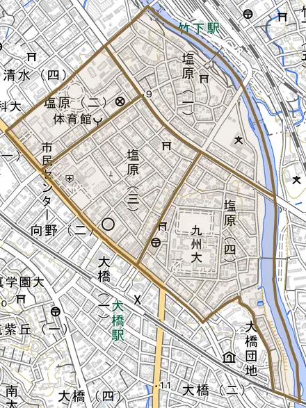 塩原とその周辺の地図。町の範囲を重ねている
