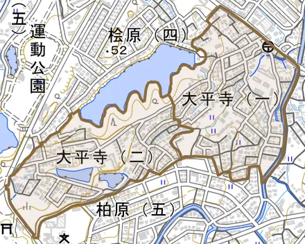 大平寺とその周辺の地図。町の範囲を重ねている