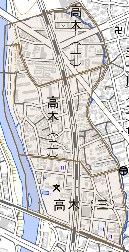 高木とその周辺の地図。町の範囲を重ねている