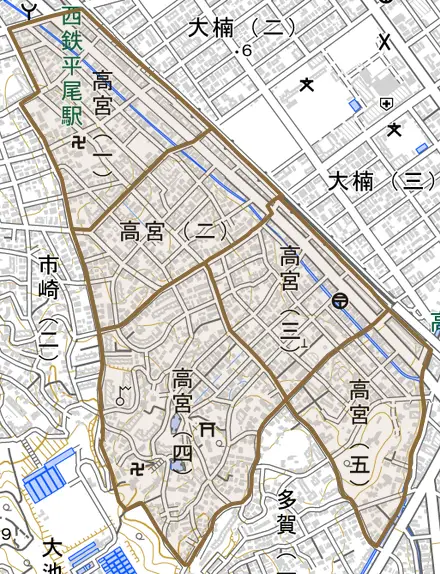 高宮とその周辺の地図。町の範囲を重ねている