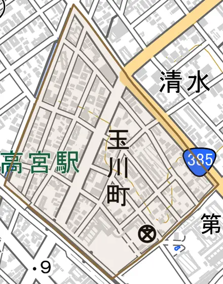 玉川町とその周辺の地図。町の範囲を重ねている