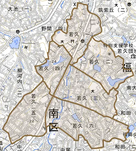 若久とその周辺の地図。町の範囲を重ねている