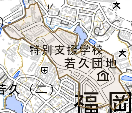 若久団地とその周辺の地図。町の範囲を重ねている