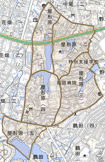 屋形原とその周辺の地図。町の範囲を重ねている