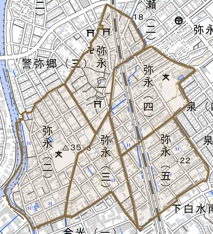 弥永とその周辺の地図。町の範囲を重ねている