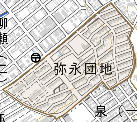 弥永団地とその周辺の地図。町の範囲を重ねている
