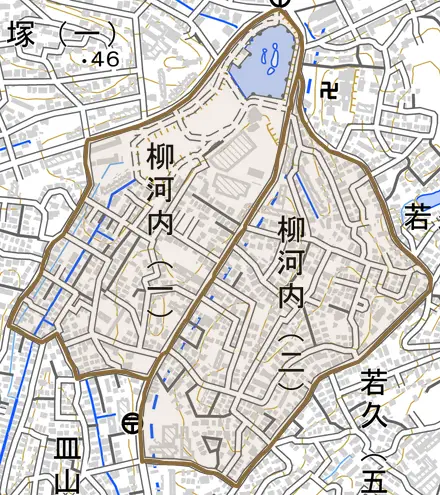 柳河内とその周辺の地図。町の範囲を重ねている