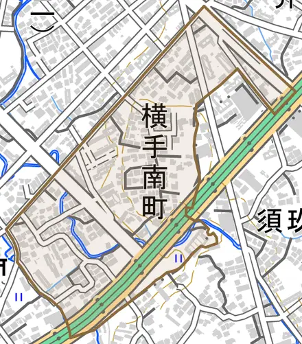 横手南町とその周辺の地図。町の範囲を重ねている
