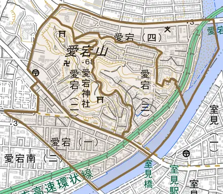 愛宕とその周辺の地図。町の範囲を重ねている