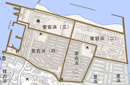 愛宕浜とその周辺の地図。町の範囲を重ねている