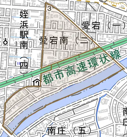 愛宕南とその周辺の地図。町の範囲を重ねている