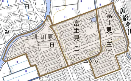 富士見とその周辺の地図。町の範囲を重ねている
