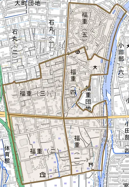 福重とその周辺の地図。町の範囲を重ねている