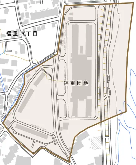 福重団地とその周辺の地図。町の範囲を重ねている