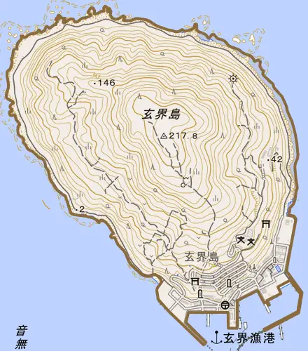 大字玄界島とその周辺の地図。町の範囲を重ねている