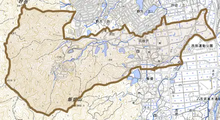 大字羽根戸とその周辺の地図。町の範囲を重ねている