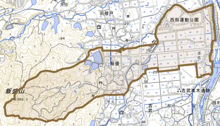 大字飯盛とその周辺の地図。町の範囲を重ねている
