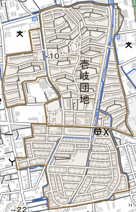 壱岐団地とその周辺の地図。町の範囲を重ねている