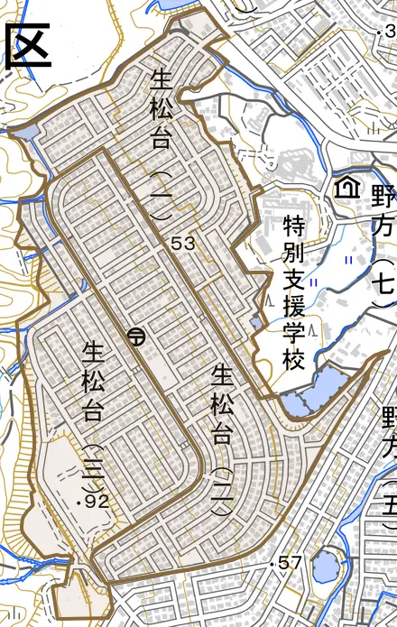 生松台とその周辺の地図。町の範囲を重ねている