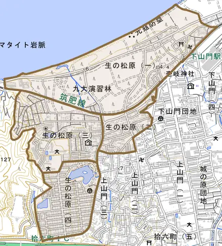 生の松原とその周辺の地図。町の範囲を重ねている