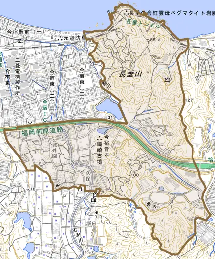 今宿青木とその周辺の地図。町の範囲を重ねている