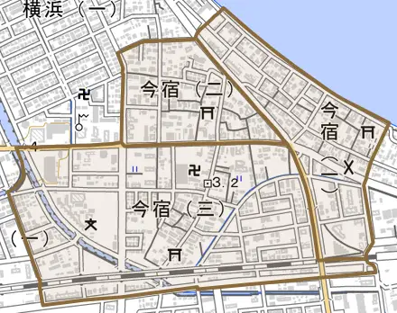今宿とその周辺の地図。町の範囲を重ねている