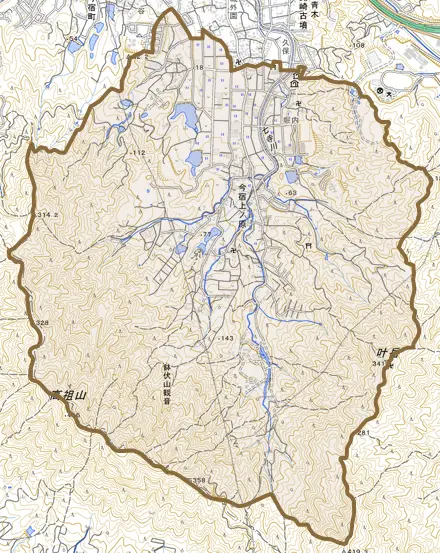 今宿上ノ原とその周辺の地図。町の範囲を重ねている