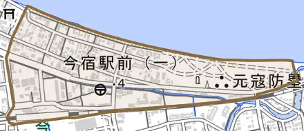 今宿駅前とその周辺の地図。町の範囲を重ねている