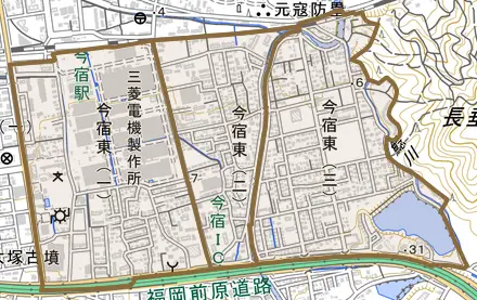 今宿東とその周辺の地図。町の範囲を重ねている