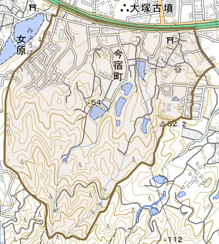 今宿町とその周辺の地図。町の範囲を重ねている