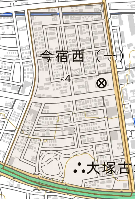 今宿西とその周辺の地図。町の範囲を重ねている