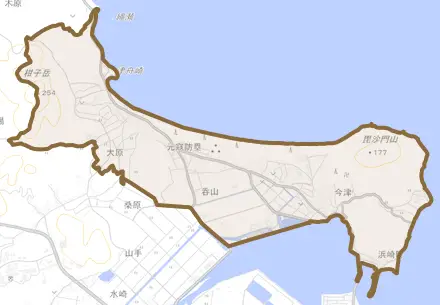 今津とその周辺の地図。町の範囲を重ねている