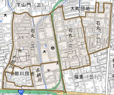 石丸とその周辺の地図。町の範囲を重ねている