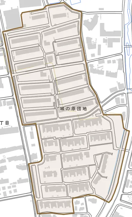 城の原団地とその周辺の地図。町の範囲を重ねている
