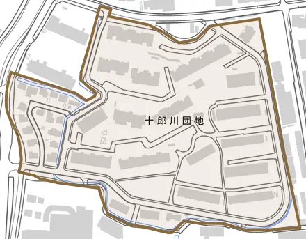 十郎川団地とその周辺の地図。町の範囲を重ねている
