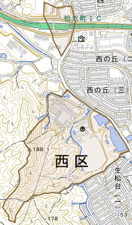 大字拾六町とその周辺の地図。町の範囲を重ねている