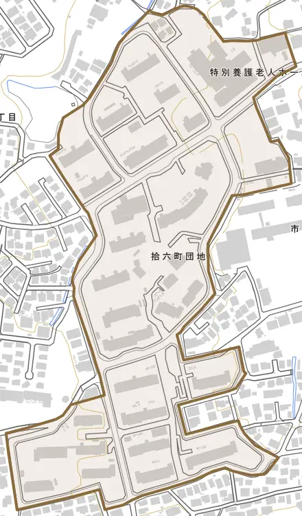 拾六町団地とその周辺の地図。町の範囲を重ねている