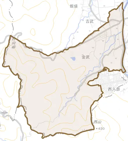 大字金武とその周辺の地図。町の範囲を重ねている