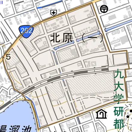 北原とその周辺の地図。町の範囲を重ねている